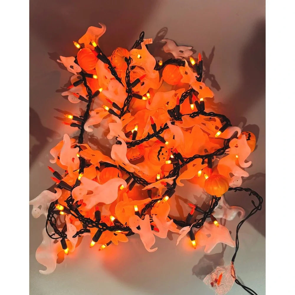 Halloween Blow Mold String Lights White Ghost Pumpkin Decor Tested